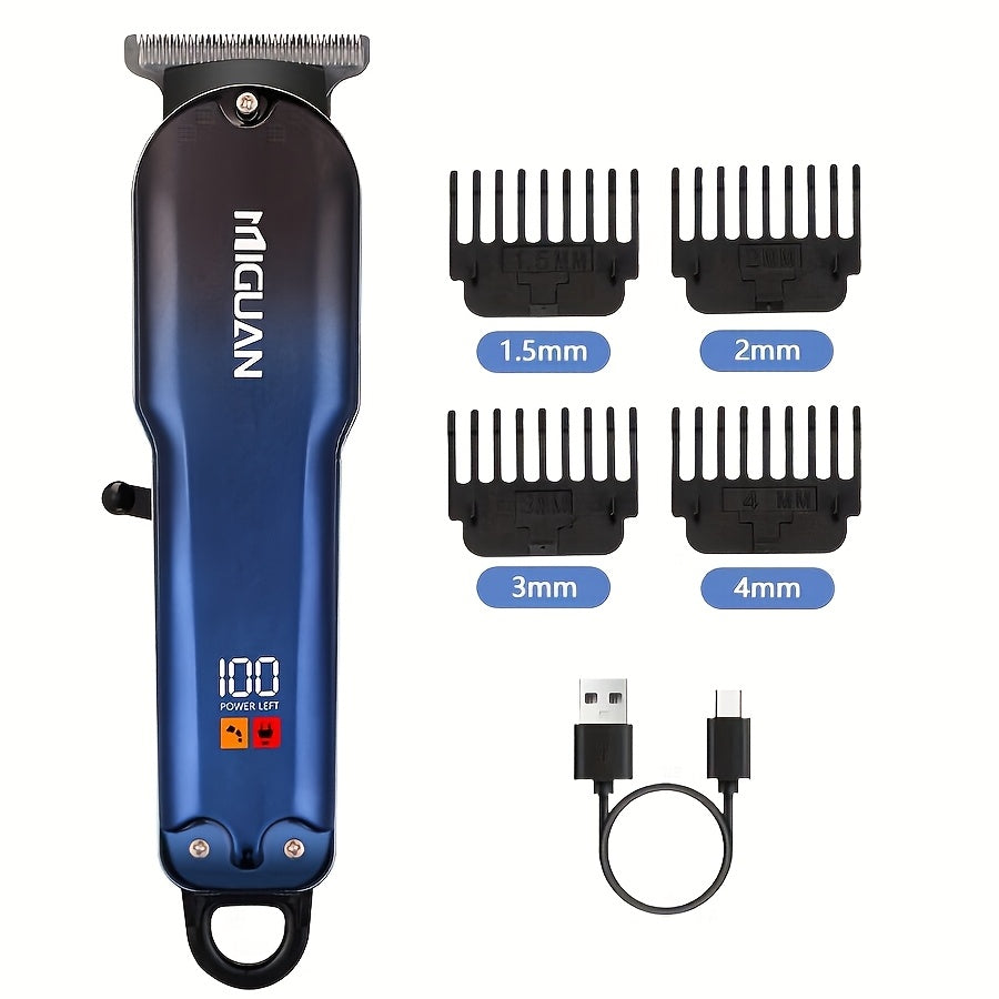 USB rechargeable hair clipper with digital display, 4 blades, ergonomic handle for precision trimming and styling. Ideal gift with sleek blue design.