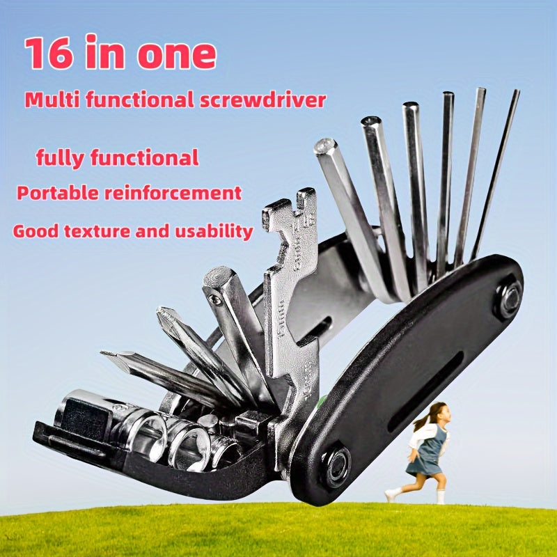 Compact 16-in-1 stainless steel multitool with hex keys, screwdriver set, and combination wrenches.