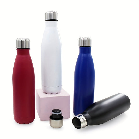 Double-layer stainless steel water bottle with 500ml capacity, designed for outdoor sports with thermal insulation, leak-proof seal, and portability for travel and outings.