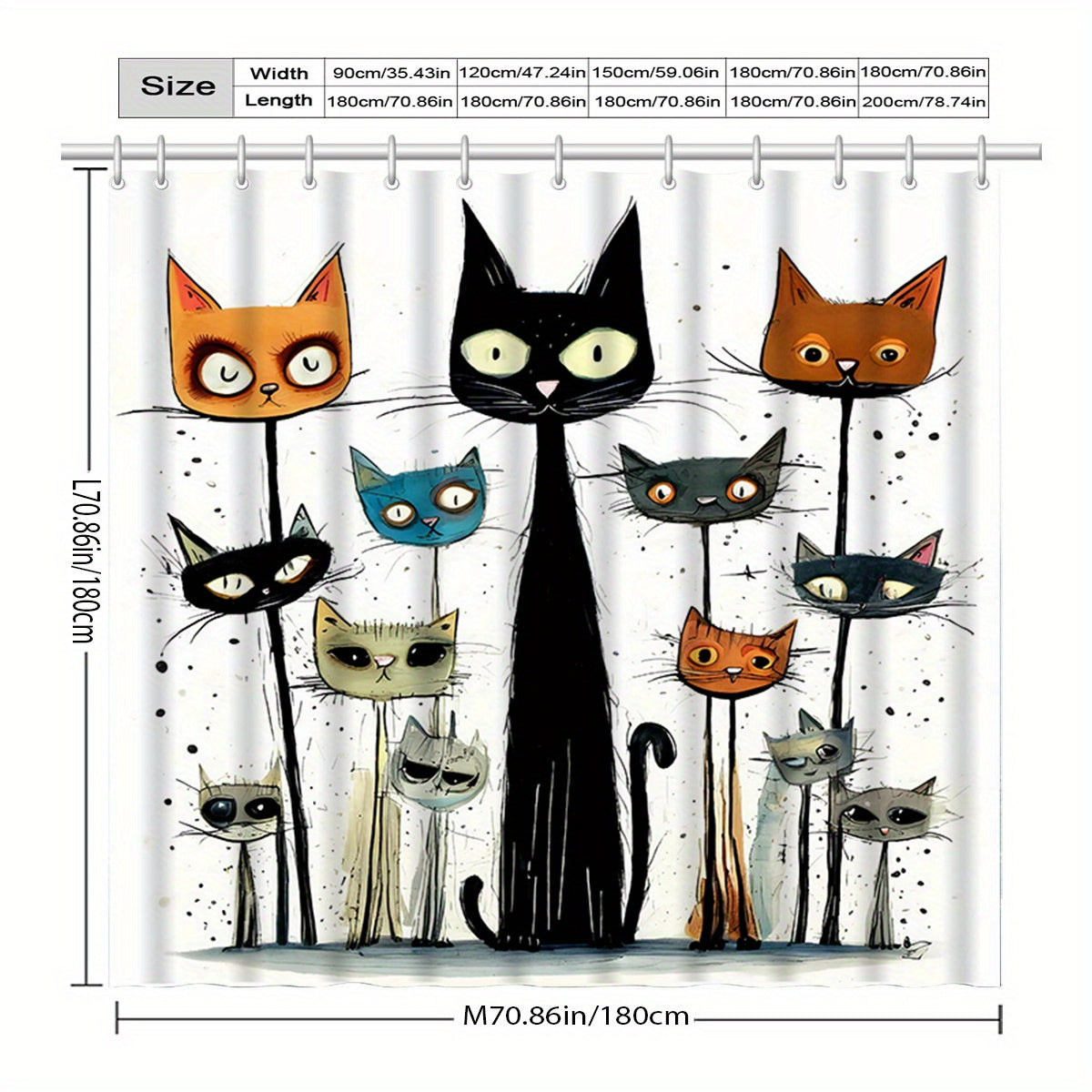 Water-resistant WhimsyCat shower curtain with artsy kitten design and hooks, machine washable and elegant for year-round bathroom decor.