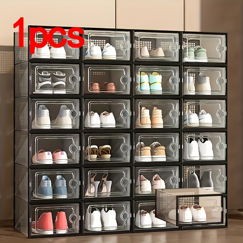 An assortment of clear plastic shoe containers in different dimensions, created for easy stacking and acting as multiple-tier shoe storage units that keep dust at bay. These adaptable shoe organizers are ideal for showcasing in homes and dorm rooms