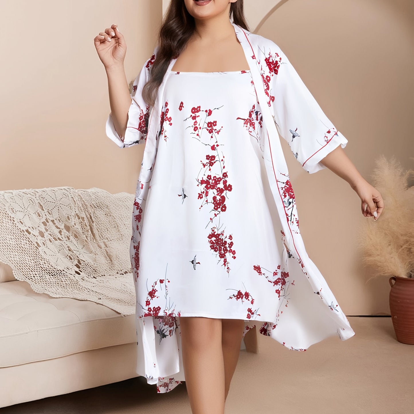 Plus Size Elegant Pajama Set with Satin Leopard Print Robe and Cami Dress.