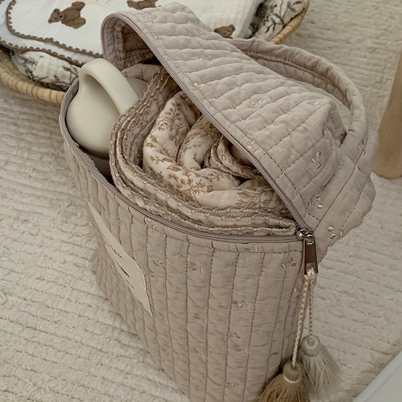 Embroidered Khaki Cherry Diaper Storage Bag: A Multifunctional Mother Bag With Zipper, Perfect for On-the-Go Use, Stroller Hanging Bag, and Cotton Handbag.