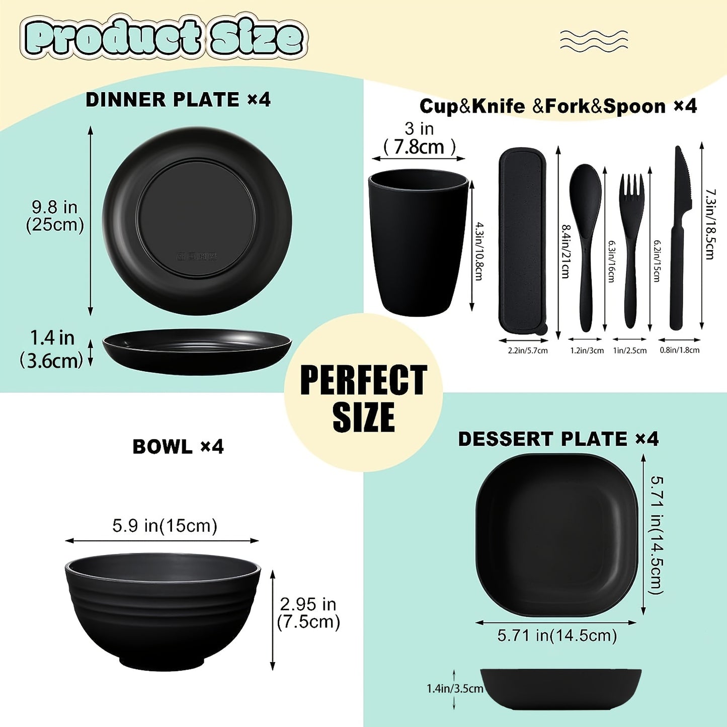 32-piece unbreakable microwave-safe cutlery set for indoor and outdoor use, including plates, bowls, knives, forks, spoons, dishes, and cups. Ideal for camping parties and lightweight for easy transportation.