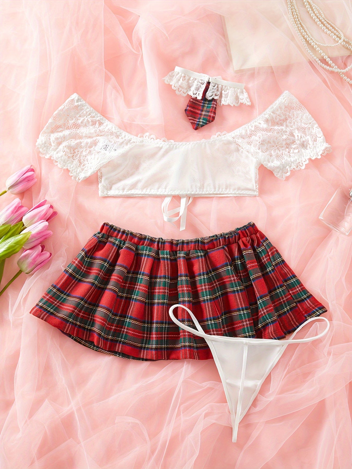 4-piece set Women's Lace Lingerie with Plaid Skirt