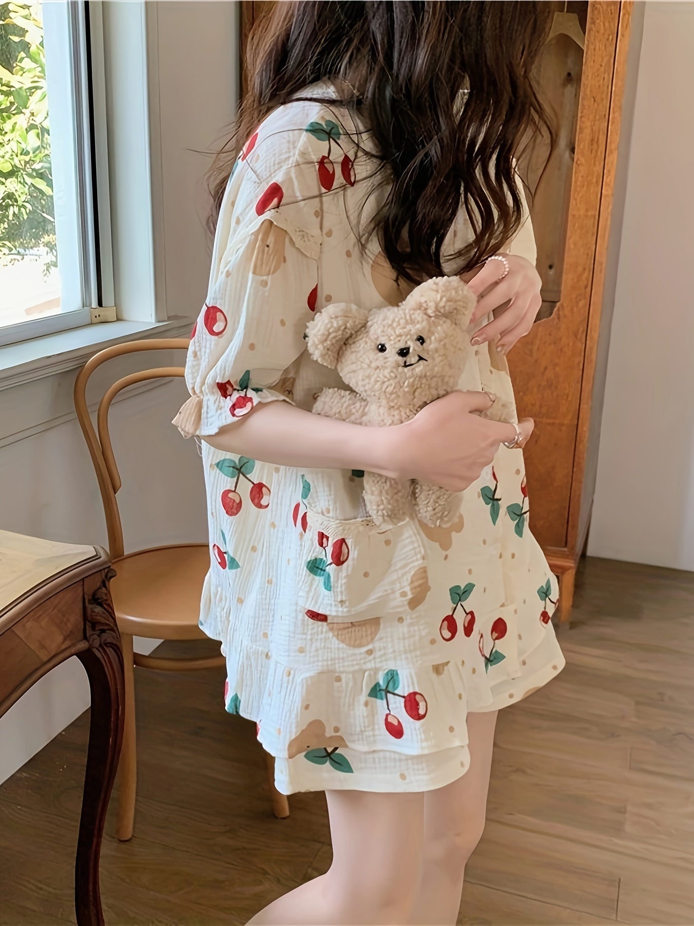 Cherry and Bear and Dot Print Lace Trim Pajama Set with Puff Sleeve Top and Elastic Shorts for Women.