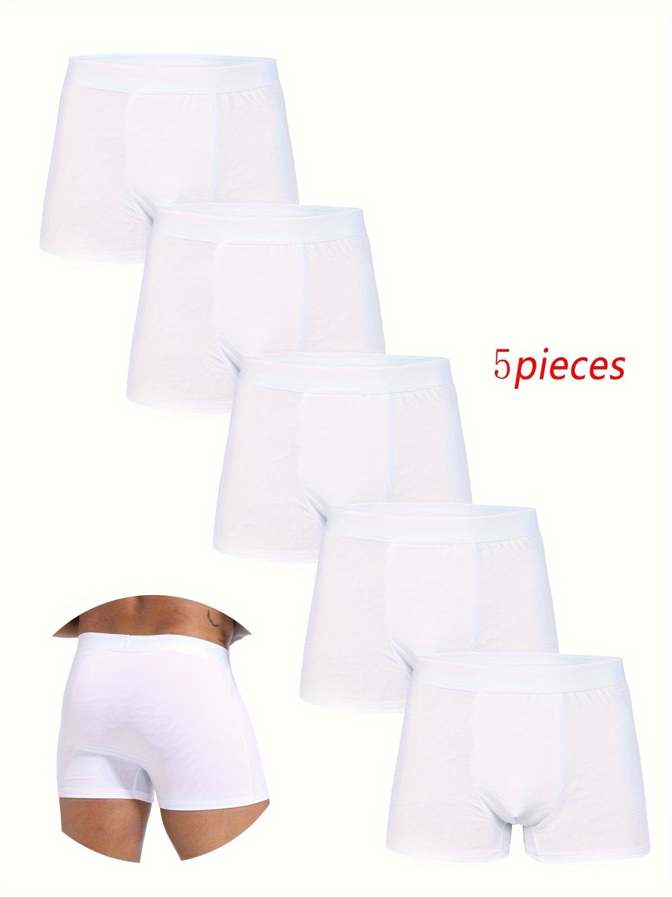 Men's white boxer shorts, 5 pcs in polyester blend with elastic waistband. Durable, breathable, machine washable, ideal for casual wear.