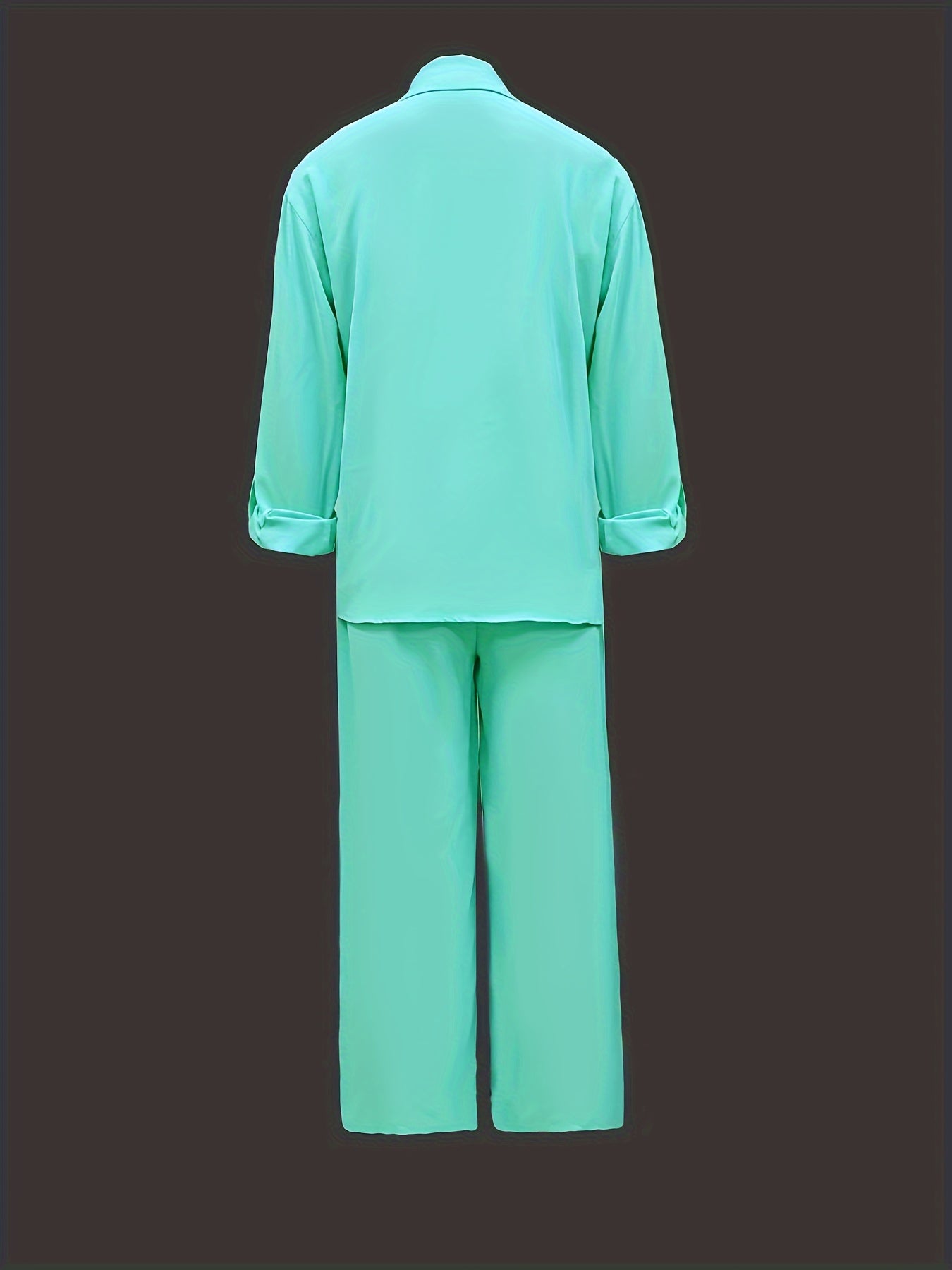 Women's casual two-piece set: solid color button-up shirt and wide-leg pants. Made of machine washable, stretch polyester blend.