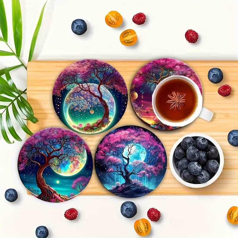 Set of 8 Charming Life Tree Coasters: Heat resistant, non-slip pads for home and office decor, great for parties and Christmas.