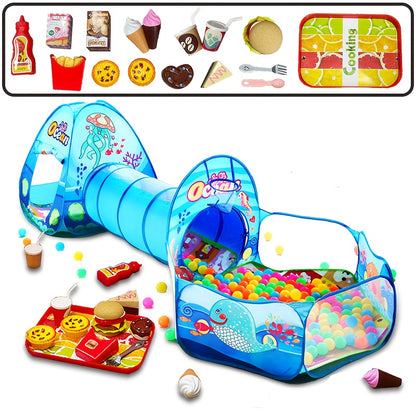 Children's 3-piece playset with ball pool, game tent, tunnel, and pop-up playhouse toys. Suitable for both boys and girls over 3 years old. Comes with a storage bag. Perfect birthday gift.