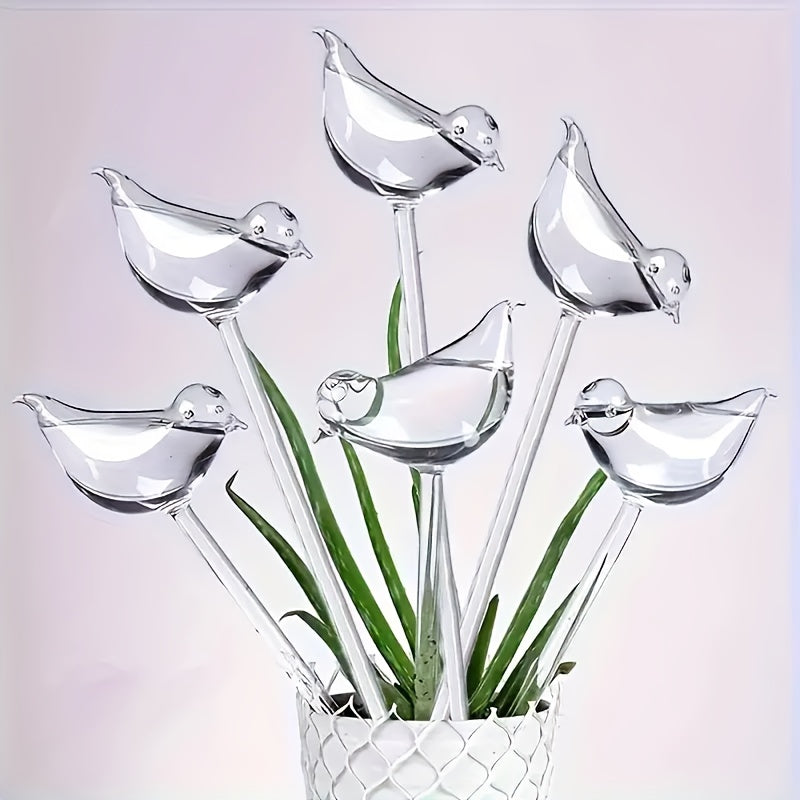 5 bird-shaped self-watering spikes, transparent and reusable, for home gardening and balcony succulents.