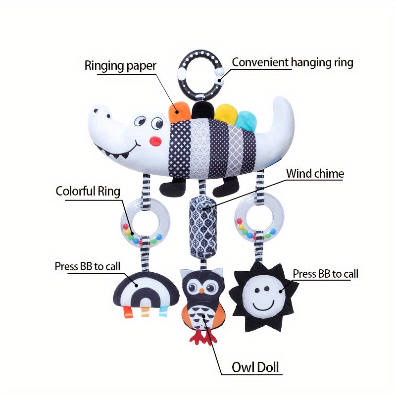 Soft and cuddly black and white animal wind chime plush toys, perfect for baby car seats and strollers. These hanging rattle toys are made of soft cloth and come from the Chinese Mainland. An ideal Christmas gift for infants aged 0-3 years old.