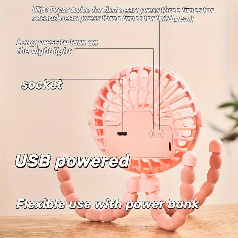 Portable Octopus Fan with Flexible Tripod - USB Rechargeable Handheld Electric Fan, Perfect for Stroller, Travel, and Outdoor Use. Made of Durable Plastic, Great Gift Idea for Friends, Holidays, or Birthdays.