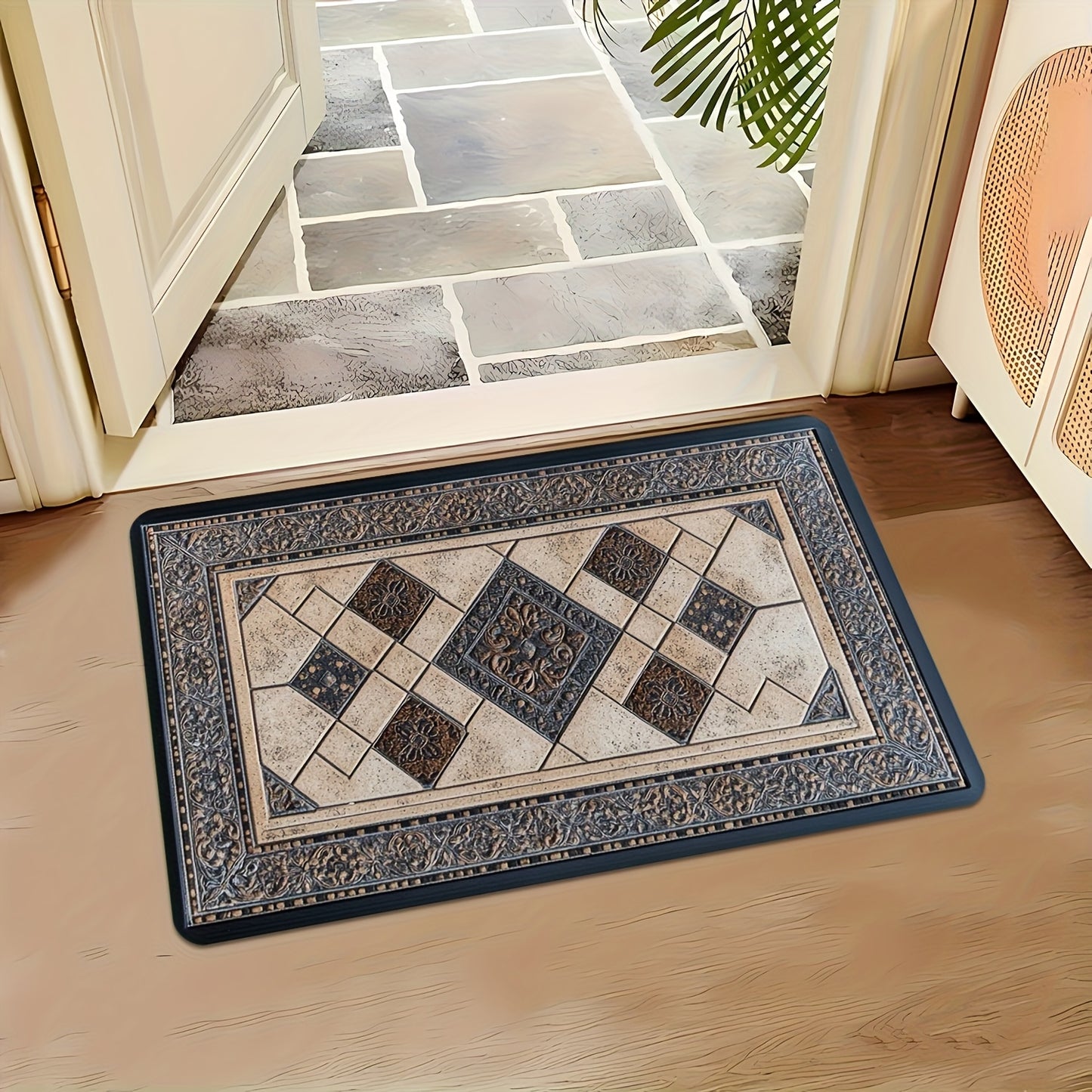 Rectangular door mat with decorative ceramic tile pattern, suitable for indoor and outdoor use. Made of machine washable polyester, ideal for living room, bedroom, kitchen, and office.