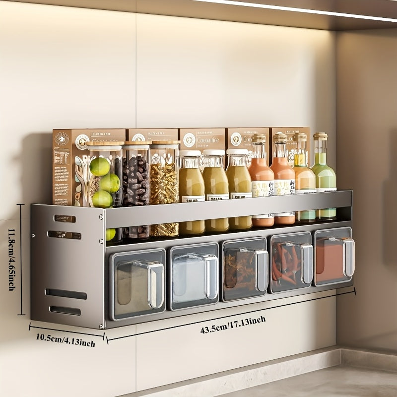 Wall-Mounted Spice Organizer Set with Seasoning Containers & Canisters, Aluminum Material, No-Drill Installation