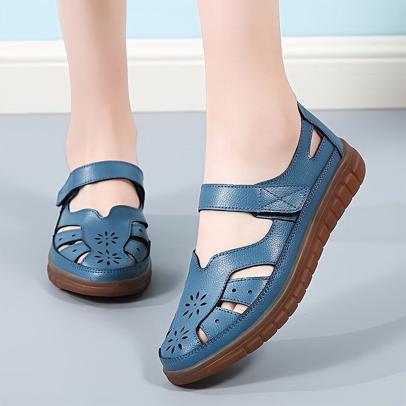 Women's genuine leather sandals with soft sole, cut-out design, casual and breathable.