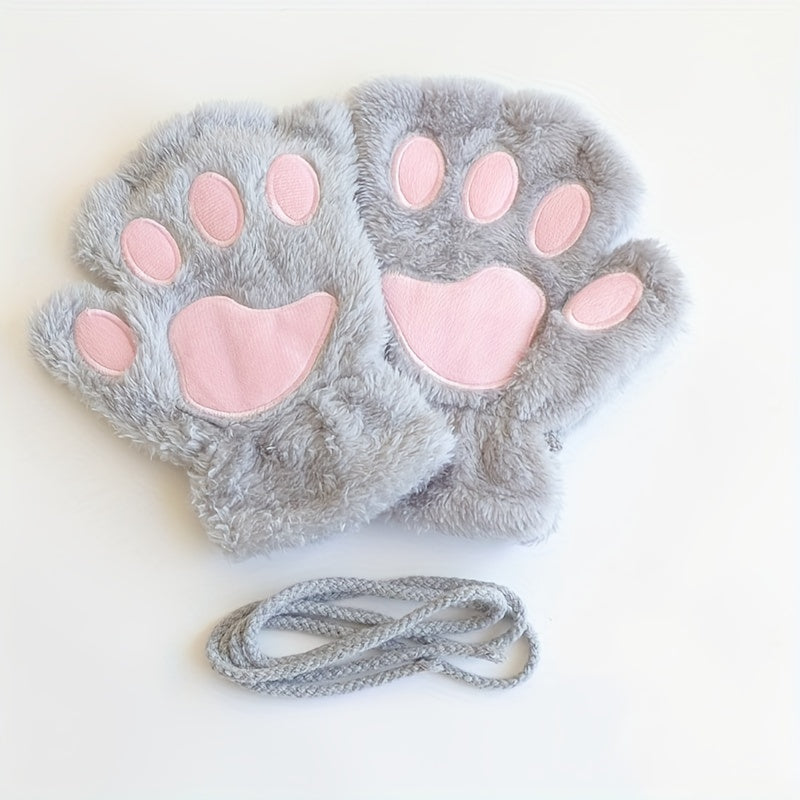 [Customer Favorite] Adorable Cozy Cat Paw Fingerless Gloves - Featuring a Cute Cartoon Design, Made with Soft Cotton Blend Material, Stay Warm and Stylish for Winter Casual Outings - Black with Pink Heart Details, Open Finger Design, Perfect for Girls