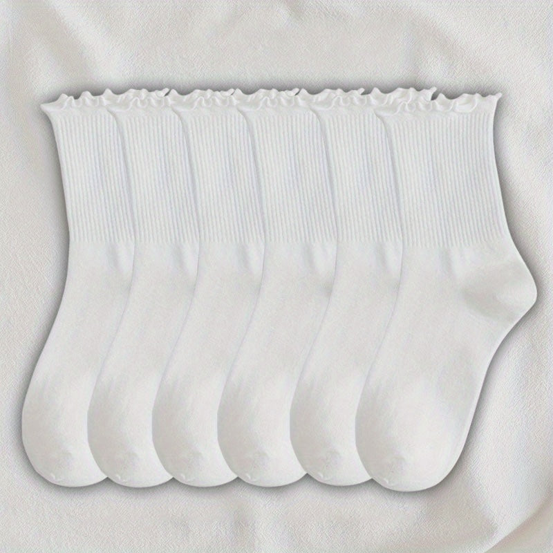 6 pairs of comfortable and breathable mid tube lettuce trim socks for women.