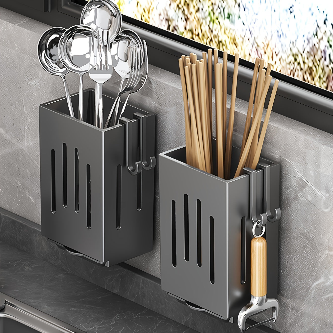 Kitchen Storage Solution: Multifunctional Utensil Holder for Draining and Organizing - Can Be Wall Mounted or Freestanding - Lightweight Plastic Cage for Cutlery and Flatware - Includes Drainage for Chopsticks - Perfect Kitchen Organizer