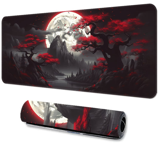 Large, non-slip gaming mouse pad with scenic mountains design, stitched edges, and washable surface. Perfect for esports, computers, and office use.