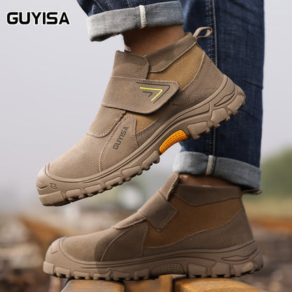 GUYISA Men'S Safety Work Shoes - Steel Toe, Round Toe, Mid-Top with Magic Tape, All-Season, Fire Retardant, Anti-Slip Rubber Sole, Breathable Fabric Lining, Durable Fabric Upper, Comfort