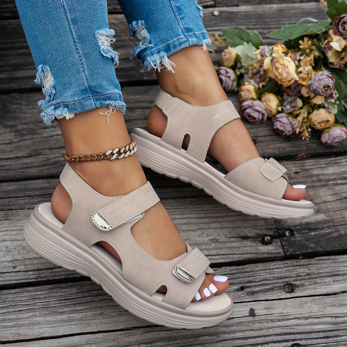 Women's black wedge sandals- breathable PU upper, open toe, ankle strap, hook-and-loop closure, solid color platform heel for beach wear.