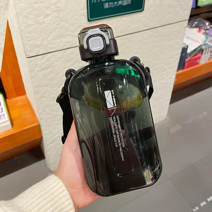 Portable square water bottle with adjustable shoulder strap for travel, sports, and camping. Hand wash only. Lightweight round plastic bottle that is PVC free.