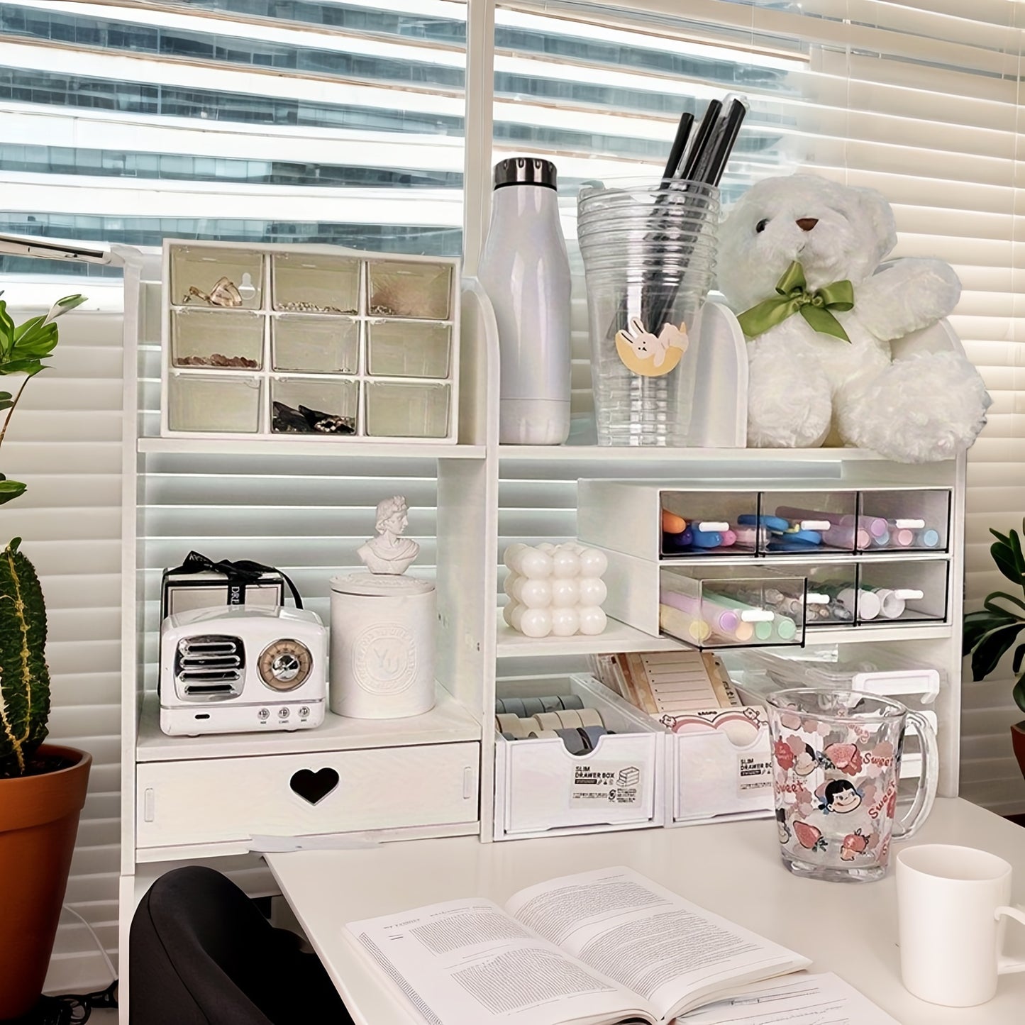 Wooden desk organizer with drawers for storage of books, stationery, and supplies. Ideal for office, school, or bedroom use.