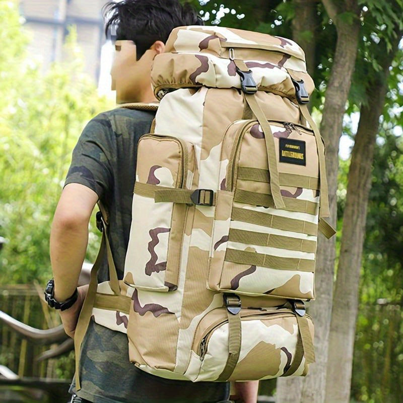 Durable camo travel backpack made from waterproof Oxford cloth, perfect for outdoor adventures and long trips.