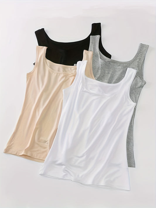 Set of 4 basic tank tops, sleeveless crew neck style for women's lingerie