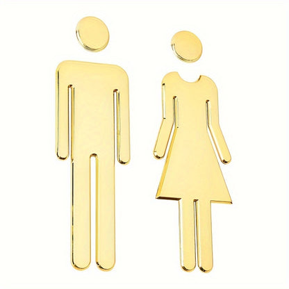 7.9-inch self-adhesive toilet door decal pair featuring painted male and female bathroom signs in Silvery Golden tone, suitable for office business and holiday decoration.