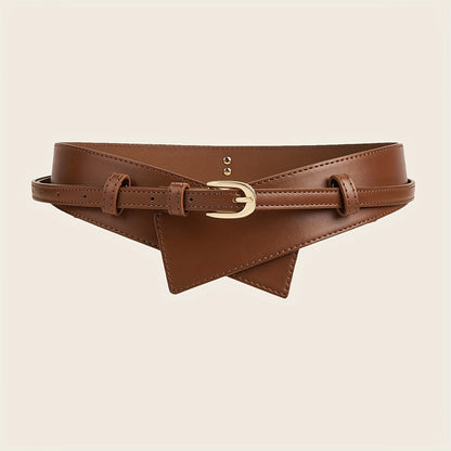 Women's wide waist belt with corset design and golden buckle.