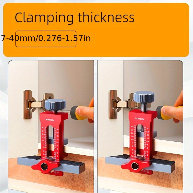 RUITOOL 2 In 1 Cabinet Door Installation Positioner made of rust-resistant aluminum alloy with non-slip design. Includes drill bits and has a clamping range of 7-40mm. Ideal for cabinet