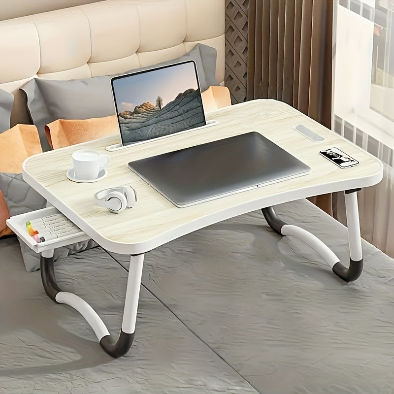 Large portable laptop bed table with cup holder and drawer, ideal for eating, reading, and writing in bed or on sofas.