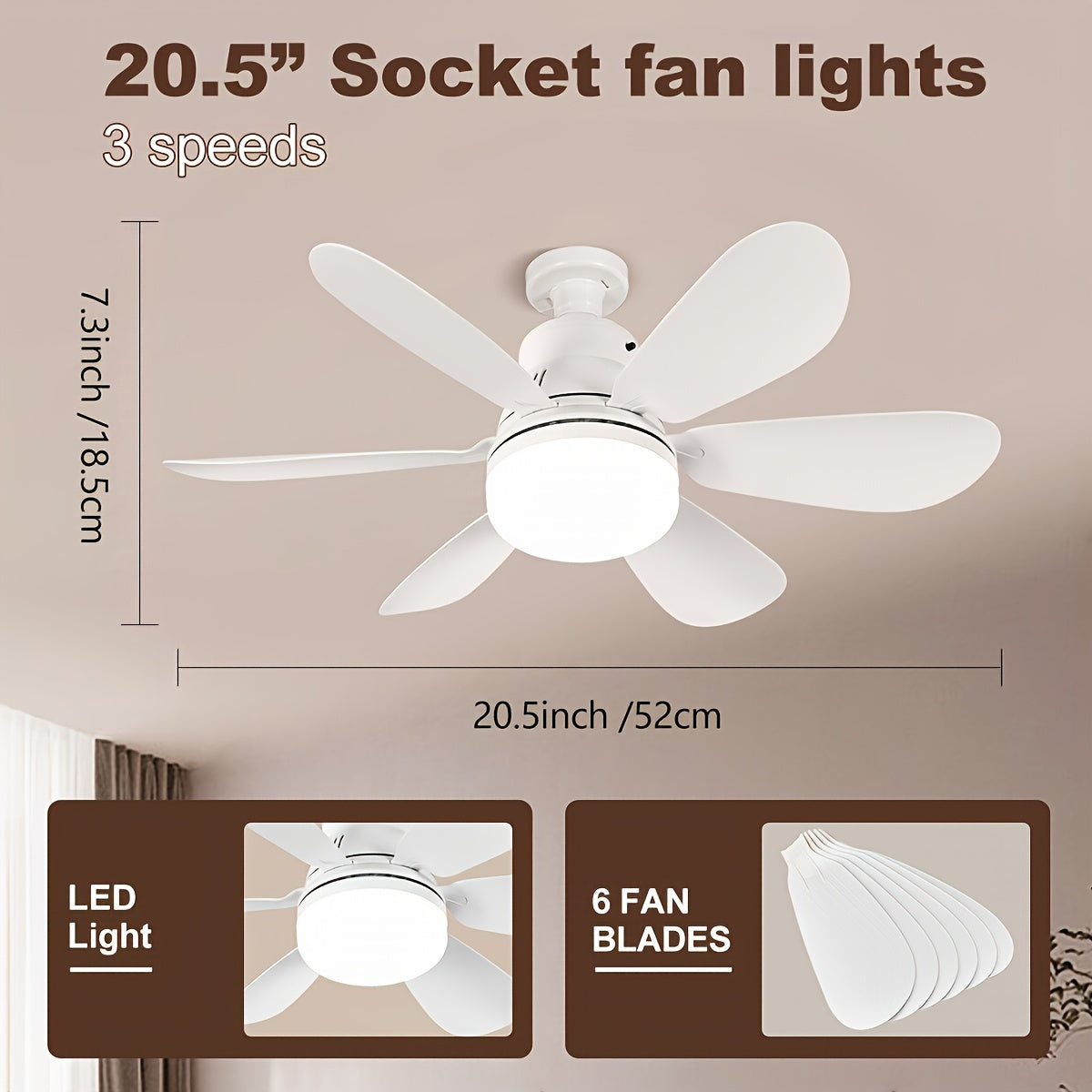 Ceiling fan light with remote control and multifunctional socket. Dimmable color temperature and simple style. Easy installation, suitable for various rooms. LED light fan with 25-40W power