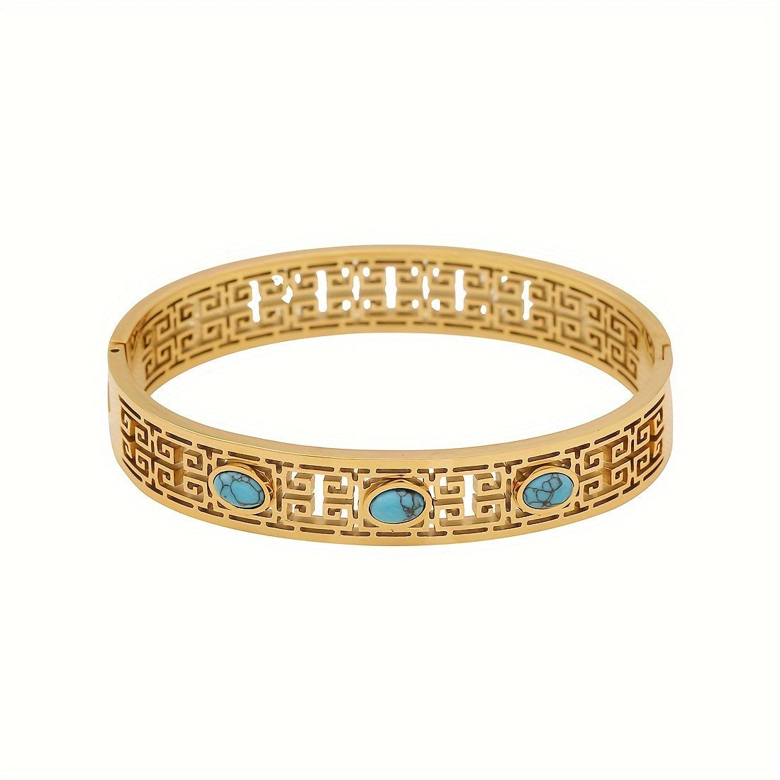 1pc of Vintage Style 18K Golden Plated Stainless Steel Bracelet featuring Turquoise Inlay and Hollow Pattern Design, specially designed for women as a Daily Wear Jewelry piece. This bracelet is the perfect Valentine's Day Gift.