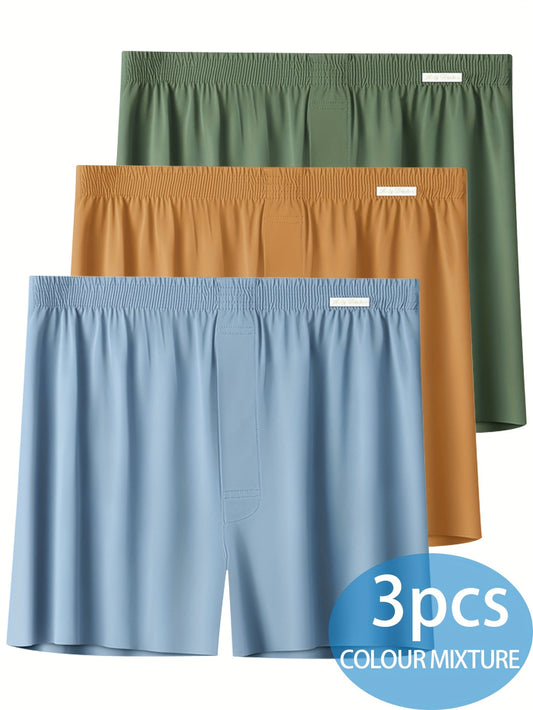 3 Men's Ice Silky Boxer Shorts in Olive Green, Orange & Light Blue, Ideal for Summer Sports & Casual Wear, Soft, Seamless, Breathable & Loose Fit, Knitted Stretchy Fabric.