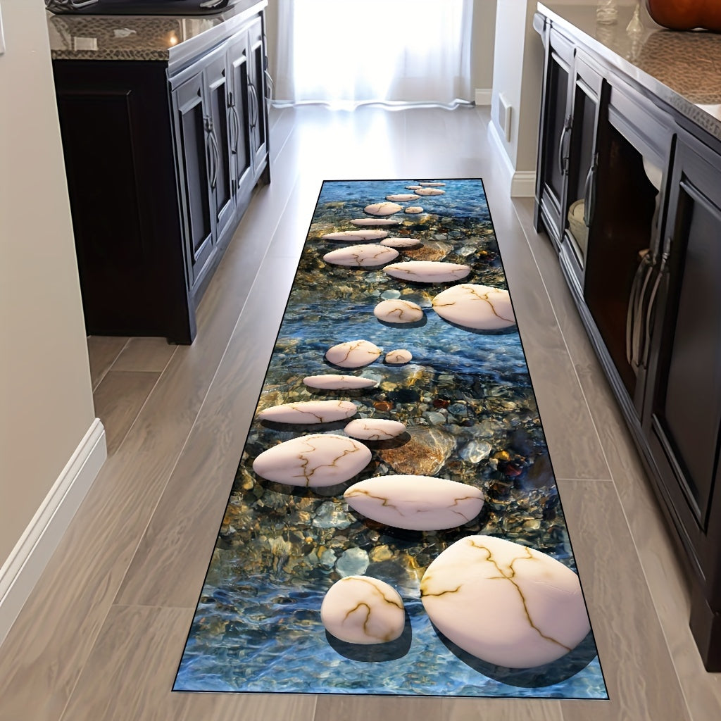 Elevate your home decor with this elegant pebble design floor mat. Made from non-slip and stain-resistant polyester material with a decorative stone pattern, this washable mat is perfect for use in the bedroom, living room, or kitchen. Featuring a low