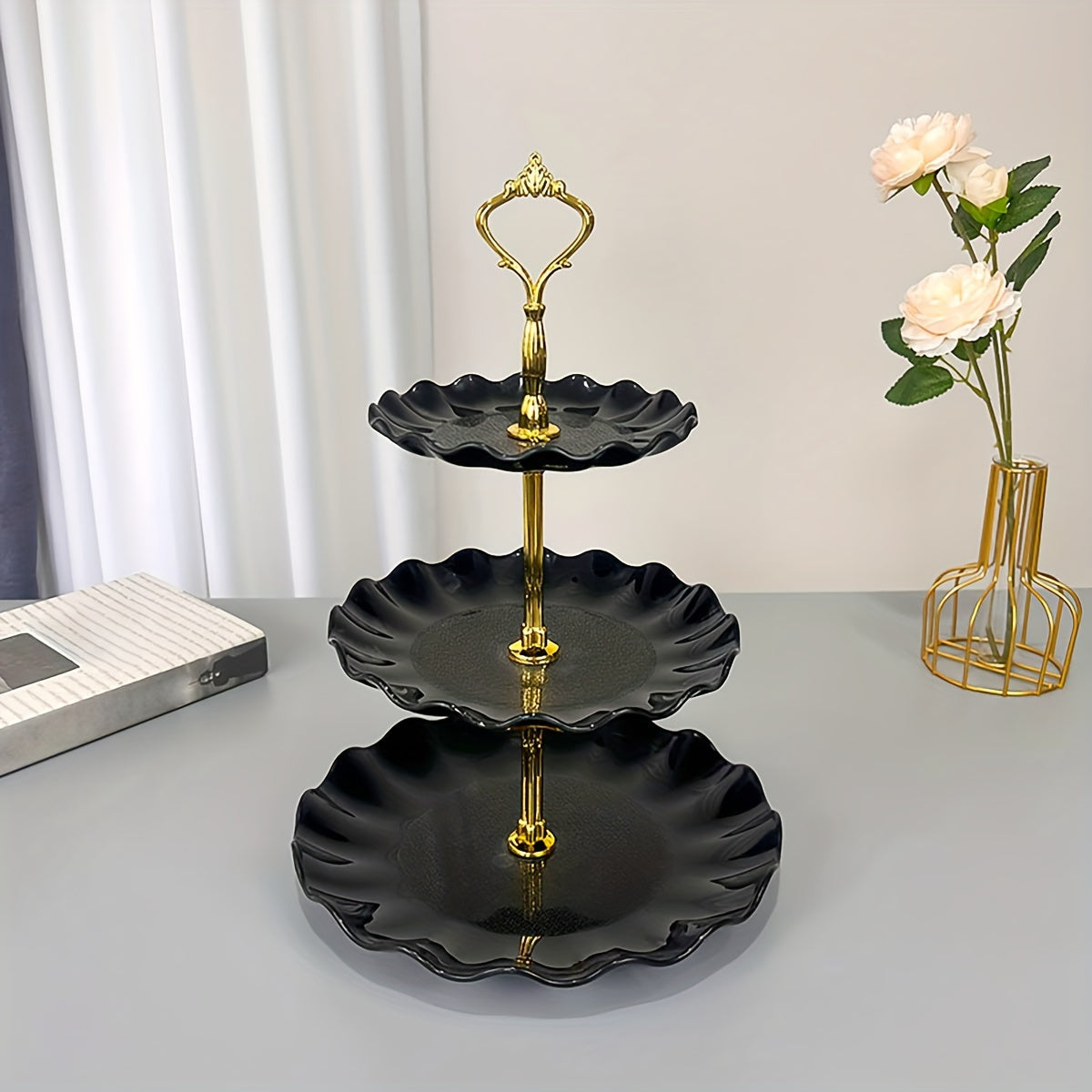 1pc Elegant 3-Tier Cake Stand in Green & White with Golden Accents - Floral Design, Durable PP Material - Ideal for Tea Parties, Weddings & Gatherings, Perfect for Dessert Display & Cake