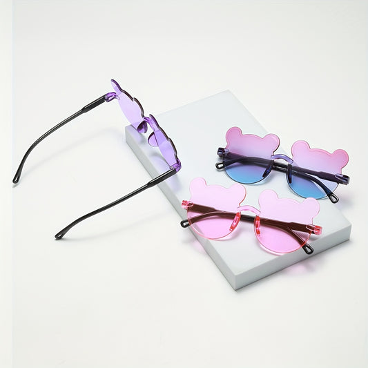 3pcs Cute Bear Cartoon Rimless Fashion Glasses Set - Gradient Lens, Ideal for Hiking & Outdoor Adventures