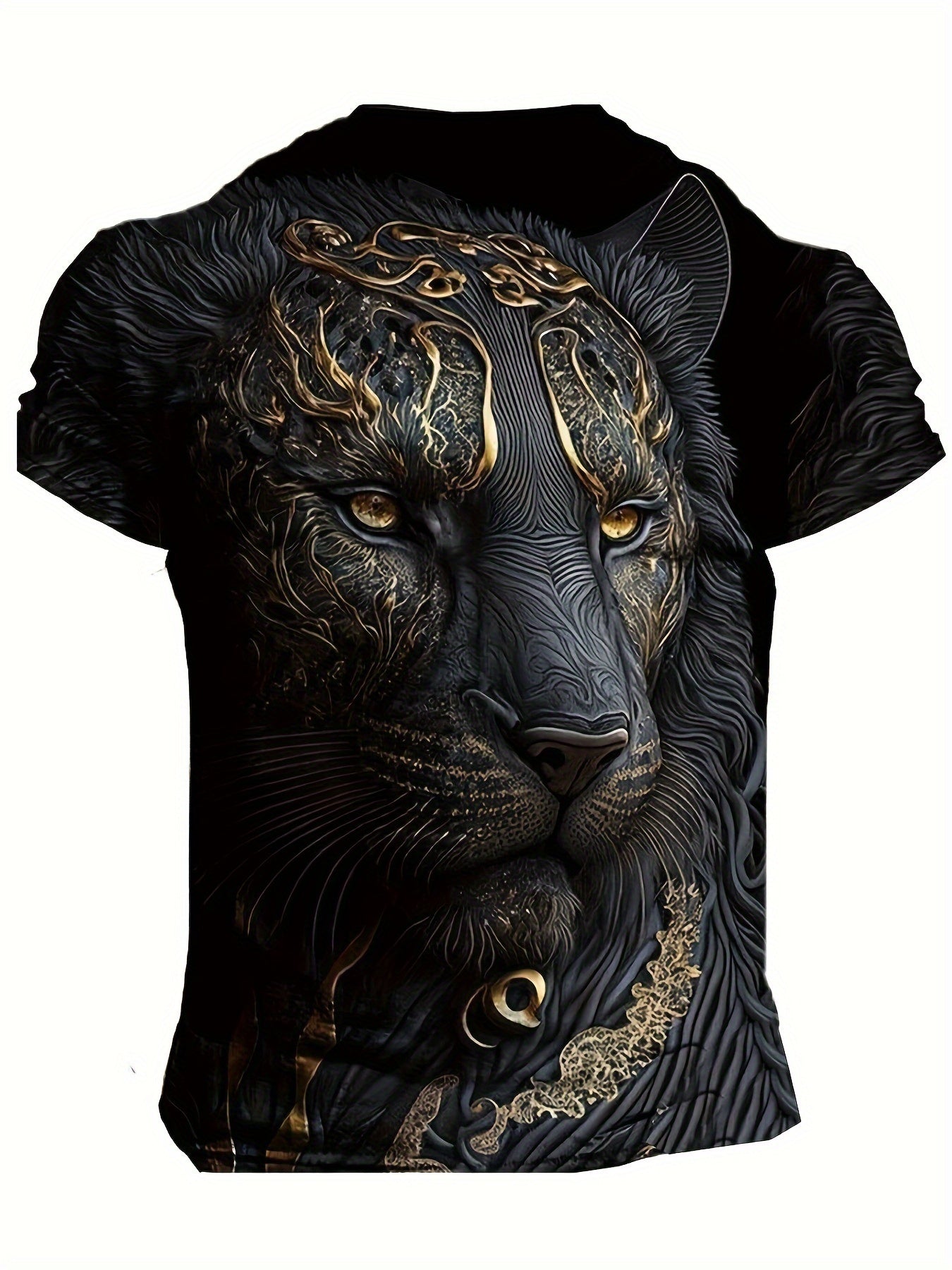 Men's Lion Illustration Print T-shirt with 3D animation, crew neck, short sleeves, ideal for street and sports wear in summer fashion.