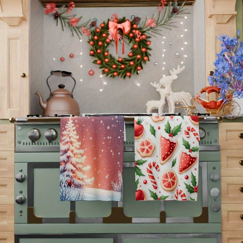 Pamper your kitchen with this 2-Pack of Soft Polyester Kitchen Towels, each measuring 45.72x66.04 cm. Featuring a Contemporary Christmas Theme, these machine washable towels are woven for durability and designed in a rectangular shape. These SoftTouch