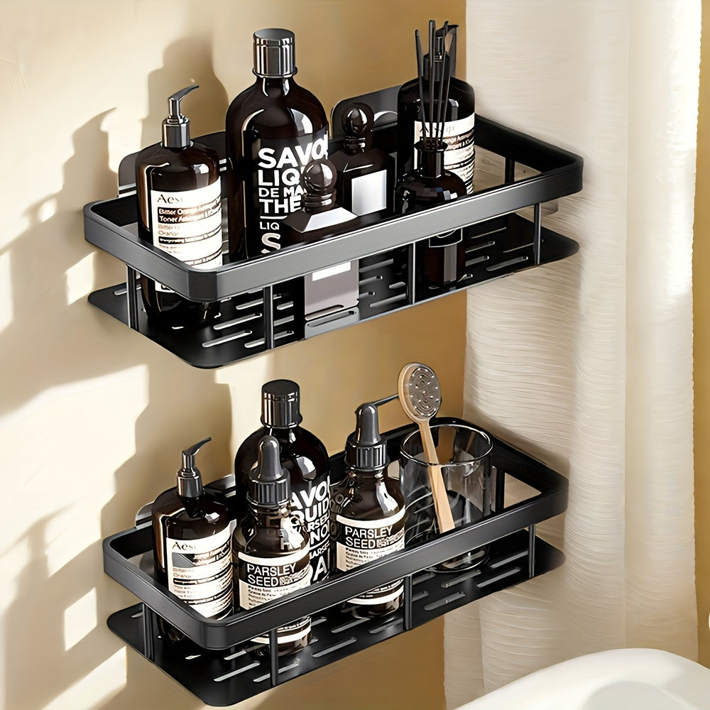 2-Pack Black Rust-Proof Metal Bathroom Shelves, Wall-Mounted Hanging Shower Caddy for Shampoo and Conditioner Storage, Space-Saving Organizer with Hook, 8mm Tube Diameter