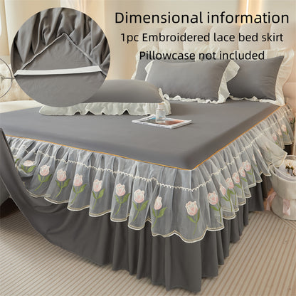 Luxury bed skirt with lace trim and rose embroidery, machine washable, soft fabric, non-slip ribbon fixation, suitable for various rooms. Made of 100% polyester.