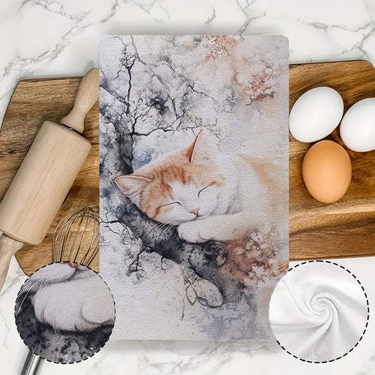 Set of 2 Ultra Soft Kitchen Towels featuring a Calm Cat Design - Exceptionally Absorbent, Easy to clean Dish Towels, Modern Watercolor Artwork, 40.64x60.96 cm, Perfect for Home Decor