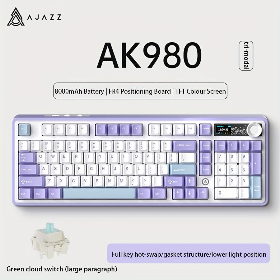 AJAZZ AK980 98-клавишная RGB механическая игровая клавиатура с беспроводным подключением 2.4G/5G, регулятором громкости, TFT цветным дисплеем, FR4 позиционной платой, конструкцией GASKET, полностью заменяемыми клавишами, аккумулятором на 8000 мАч.