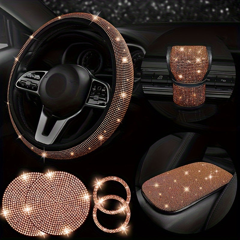 7-piece set of bling car steering wheel covers with cup holder coaster and gear shift knob cover. Made of polyester fiber with auto diamond detailing. Includes armrest pad and start button