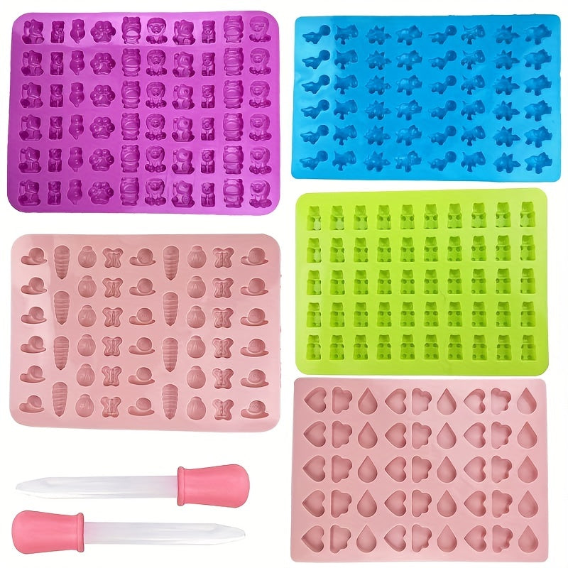 Set of 1 Gummy Bear Mold and 5 additional Candy Molds, made from BPA Free Silicone. Includes two droppers and designs such as bears, dinosaurs, animals, insects, and clouds. Ideal for making fondant, chocolate, and other candies.