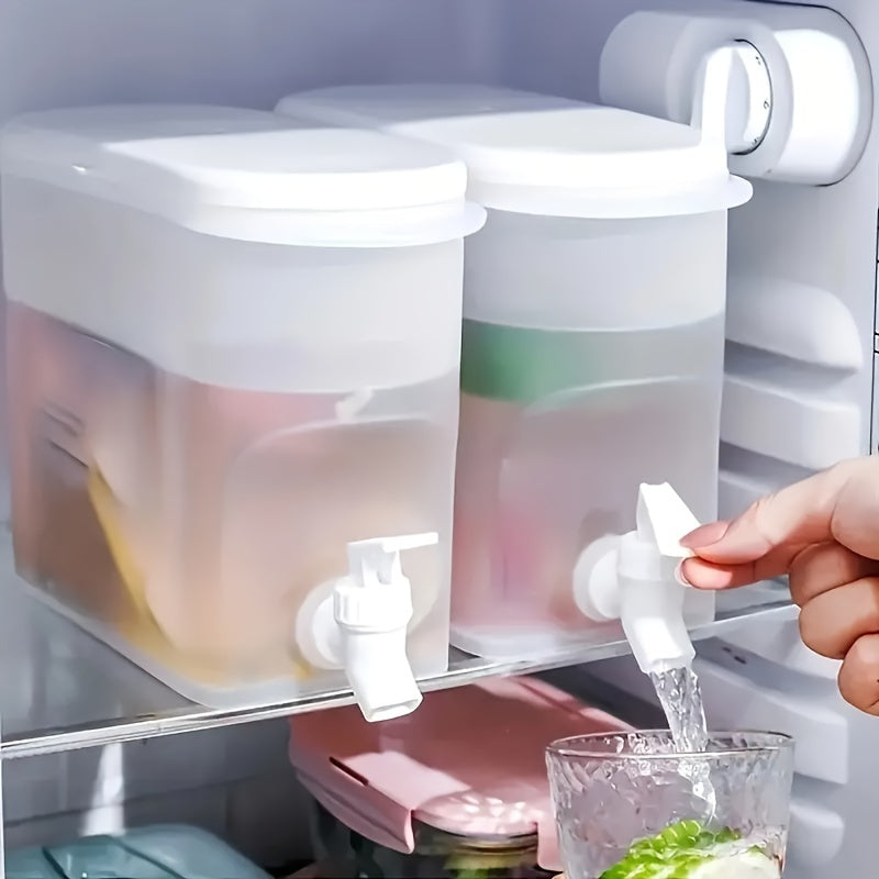 Large capacity refrigerator drink dispenser with faucet ideal for lemonade, juice, and tea. Modern white PP cold water jug for home use.