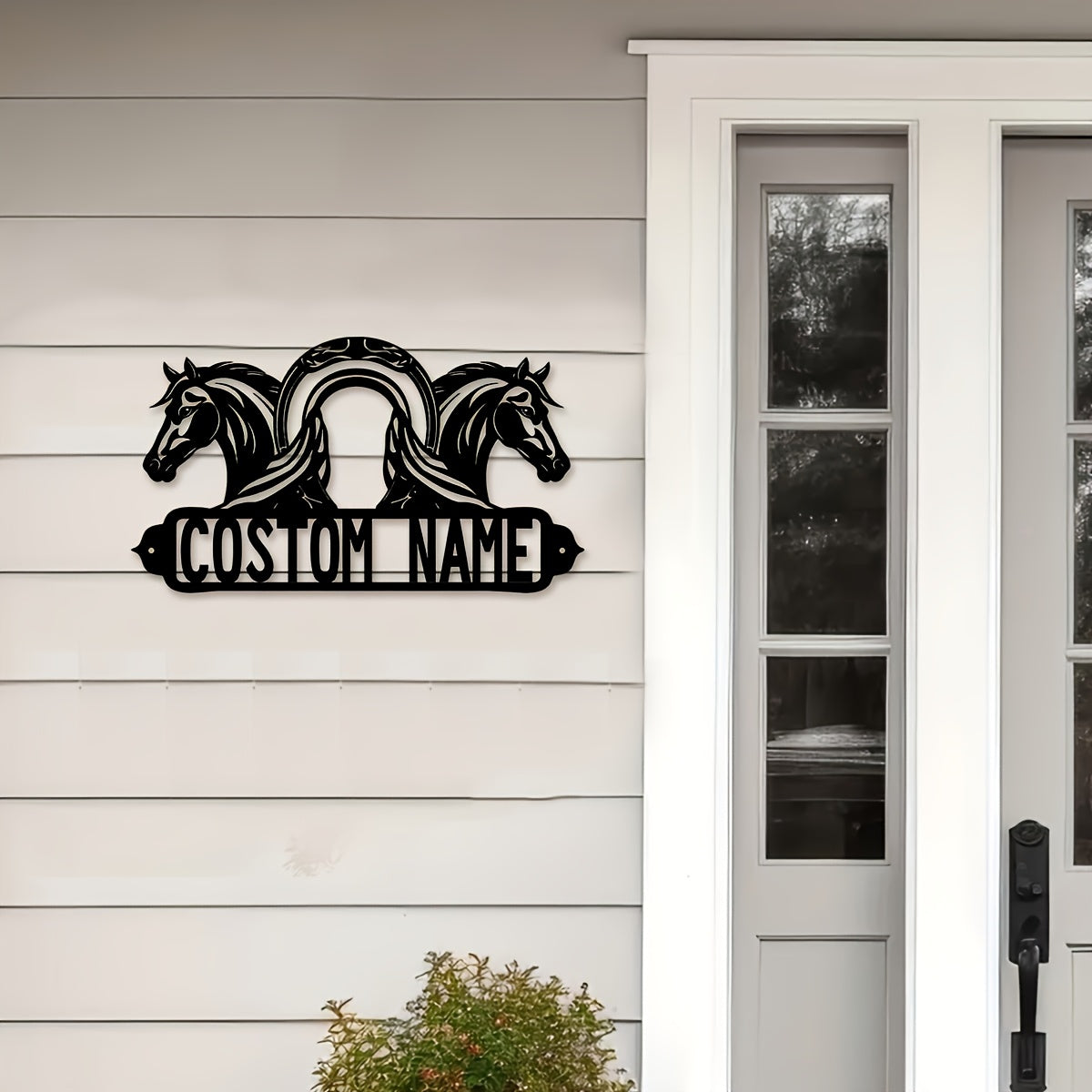 Customize your space with our one piece customizable black iron horse wall art. This personalized name metal sign is perfect for adding a rustic farmhouse touch to your home, office, porch, or patio. Handcrafted and distressed for a unique look, this